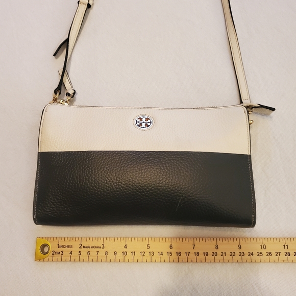TORY BURCH Perry White Deep Blue Black Colorblock Pebbled Leather Crossbody Bag - Picture 11 of 14